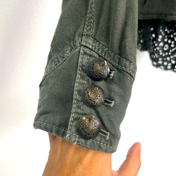 Free People - Emilia Linen Blend Military Olive Color Lace Trim Army Jacket XS - Picture 5 of 14